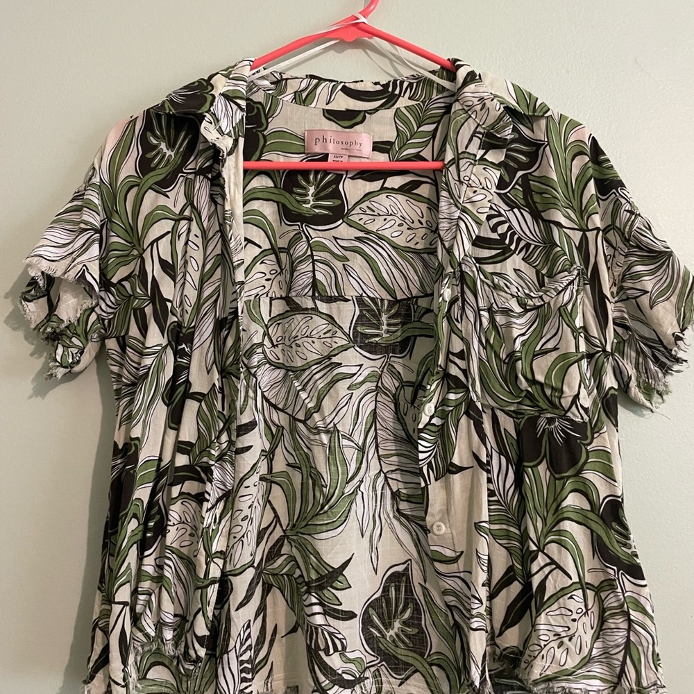 Philosophy Black and Green Leaf Print Women's Button Down Shirt